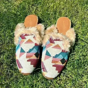 Universal Thread Colorful Fuzzy Slides Mules Native American pattern